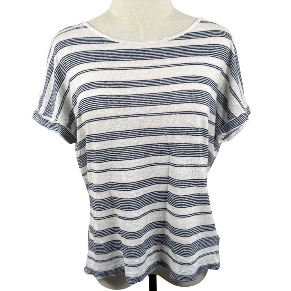 Christian Siriano Button Back Top S Striped 100% Linen‎ Coastal Resort Nautical